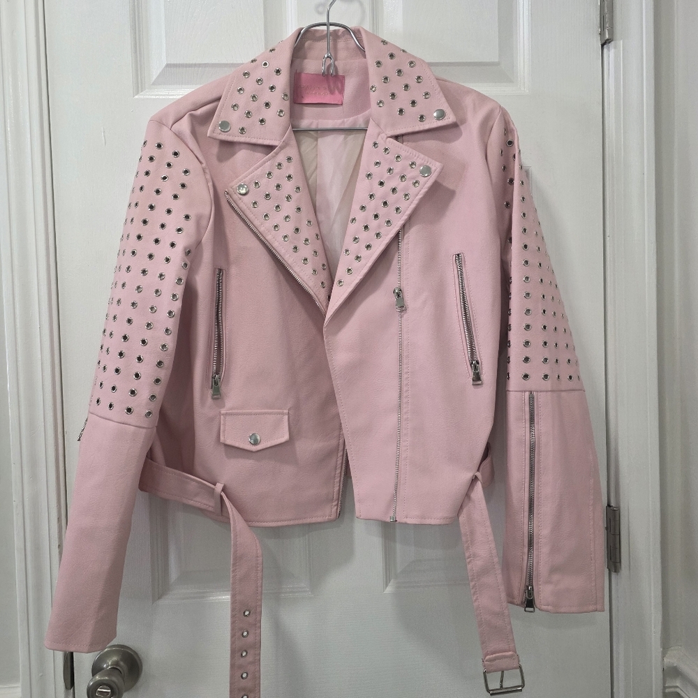 Azalea Wang Plus Rosalita Grommet Pink Faux Leather Moto Jacket Size 1X - Picture 4 of 17